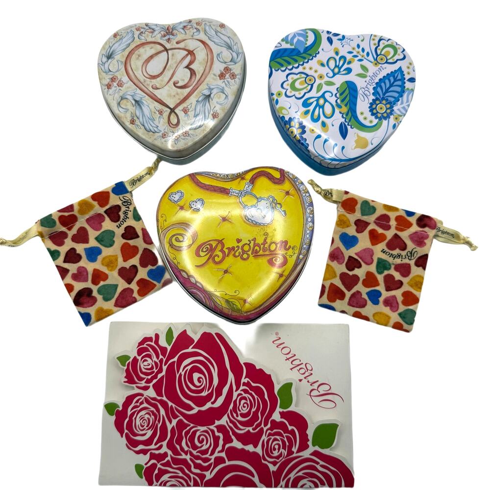 Lot of Brighton 3 Heart Metal Tin Boxes 2 Heart Pouches and A Receipt Envelope